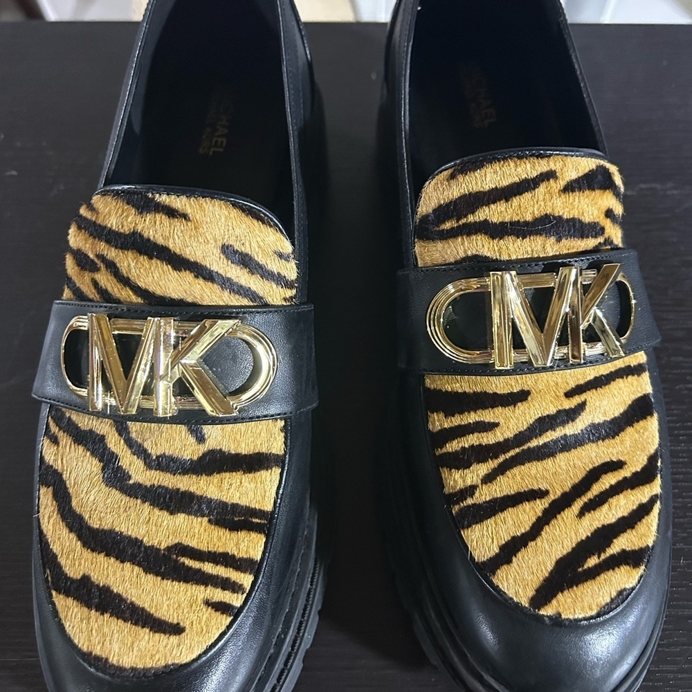 Michael Kors Black and Gold Tiger Print Loafers - Picture 4 of 9